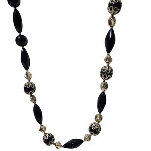 Vintage Elegant Black Gold Beaded Necklace Filigree Accents Fashion Jewelry